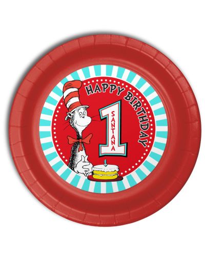Cat in the Hat Birthday Party, Personalized Party Plates 9inch Meal Size, 12 count