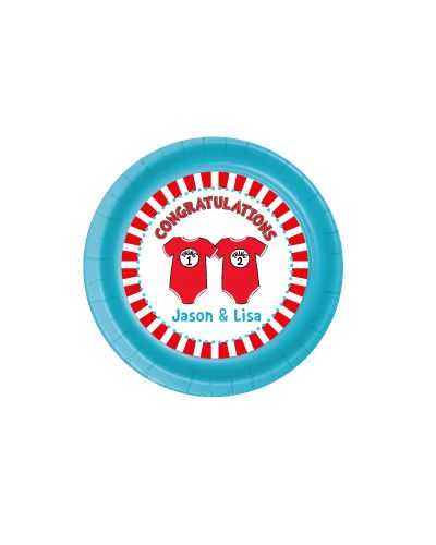12 Twin 1 Twin 2 Dr. Seuss Onesies Personalized Twin Baby Shower Plates 7" Cake & Snack Size