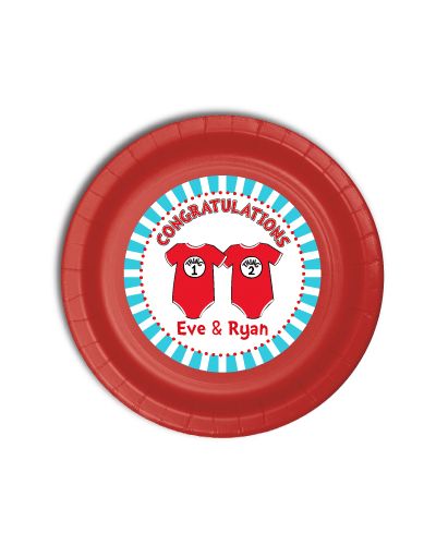12 Twin 1 Twin 2 Dr. Seuss Onesies Personalized Twin Baby Shower Plates 9" Meal Size
