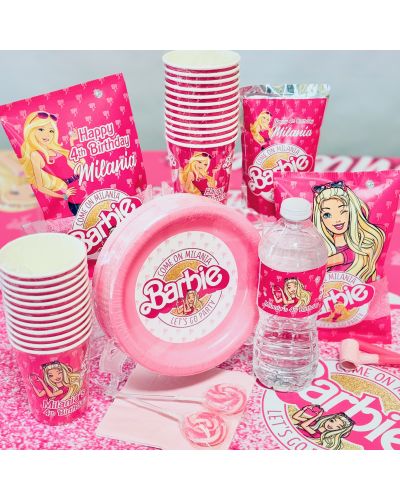 Barbie Custom party supplies, barbie plates, barbie Hershey wraps, barbie party, hot pink party supplies, CapriSun labels, chip bags