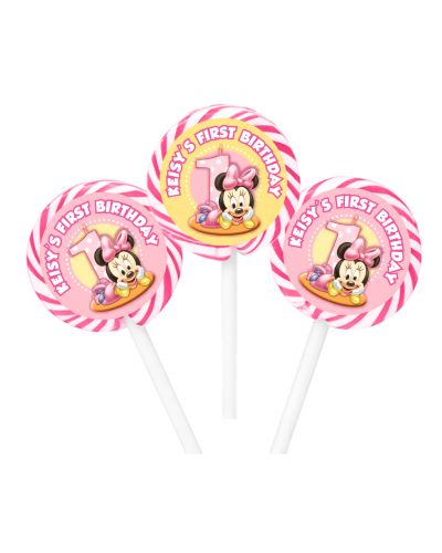Baby Minnie Mouse First Birthday Personalized Lollipop Favors