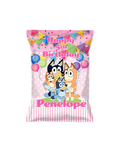 Everyone loves Bluey and her pals. This is our exclusive pink version of custom pouches for individual chips or cookies bags. We include a double sided adhesive strip to quickly seal these custom personalized chips bags after you insert your own chips bag