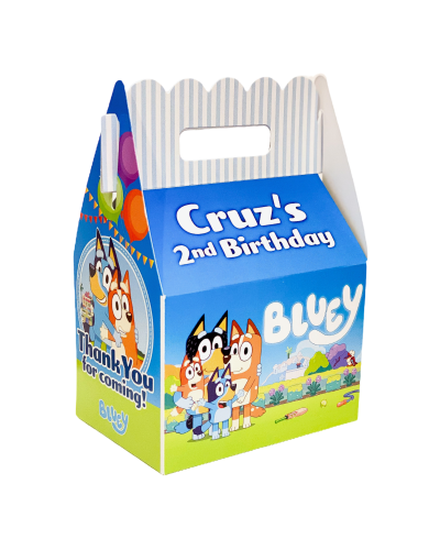 Our Bluey personalized gable party favor boxes feature charming designs inspired by the lovable Bluey animated series. Each box showcases Bluey, Bingo, Bandit, Chilli, and their friends in vibrant colors and playful poses, creating a whimsical atmosphere 