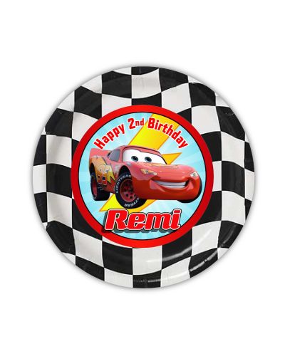Cars Movie Personalized Party Plates for kids birthday party. Custom Cars party supplies. Cups, Plates, Favor Boxes, water labels, food labels, party backdrop, table cover