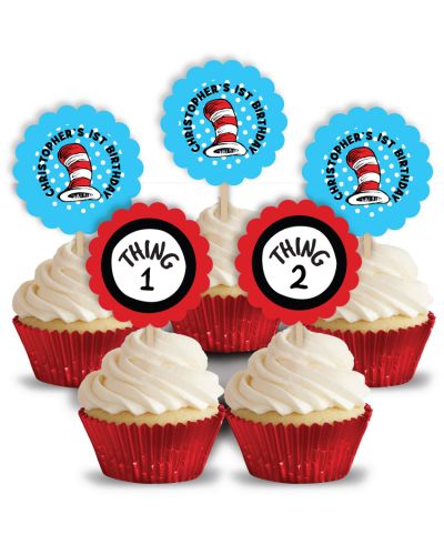 Cat in the Hat Birthday Party, Personalized Cupcake Pick Toppers