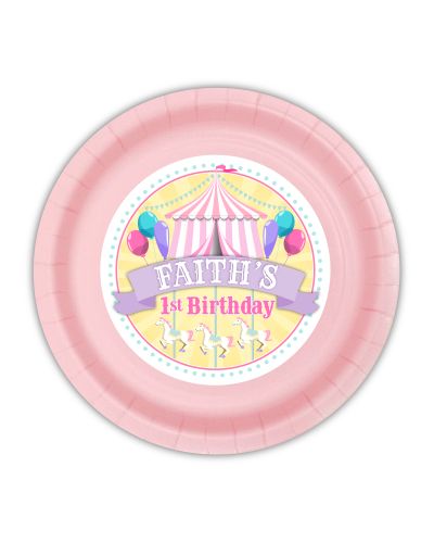 Baby girl first birthday circus carnival party, pink pastels color scheme, soft color palette circus party supplies, carnival party custom plate, personalized party plate, circus tent, carousel decoration