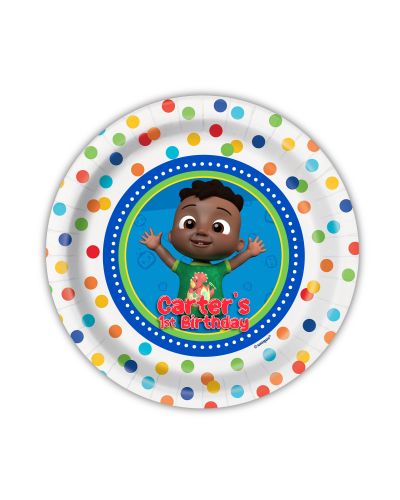 Cocomelon Birthday Personalized Party Plates, 7 inch, 12 count, confetti dots plates, jj and school friends, birthday plates, paper plates, cocomelon party plate