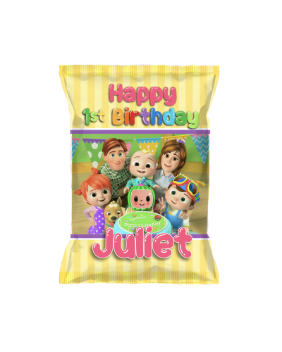 Cocomelon Birthday Party Personalized Chip Bags Pouches, 12 count