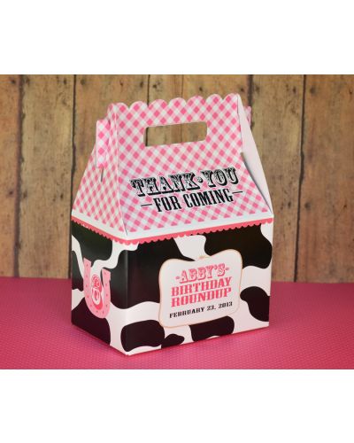 Cowgirl Ranch Farm Buckeroo Party Personalized Cow Print Gable Box Party Favor