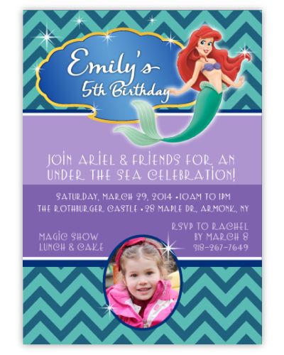Disney Princess Ariel Little Mermaid Chevron Photo Birthday Invitation