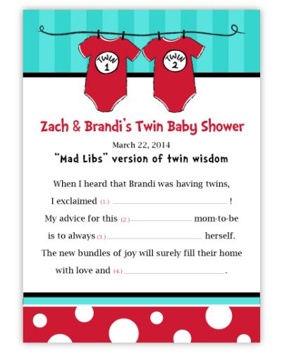 Dr Seuss Thing 1 Thing 2 Twins Baby Shower Mad Libs Game & Keepsake