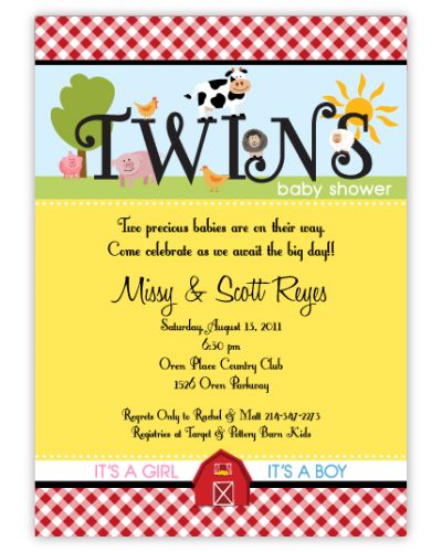 Fanciful Farm Barnyard Animals Girl Boy Twins Baby Shower Invitation