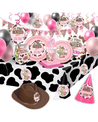 My First Rodeo Cowgirl Pink Western Theme Ultimate Personalized Party Pack for 12, plates, cups, favor boxes, napkins, balloons, table centerpieces, plastic cutlery, hanging swirl decorations, table covers