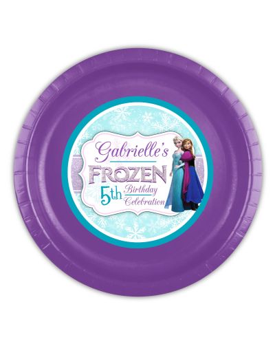 Frozen Birthday Party Custom Personalized Party Plates for Meals, Elsa & Anna Purple and Turquoise, Snowflakes Glitter
