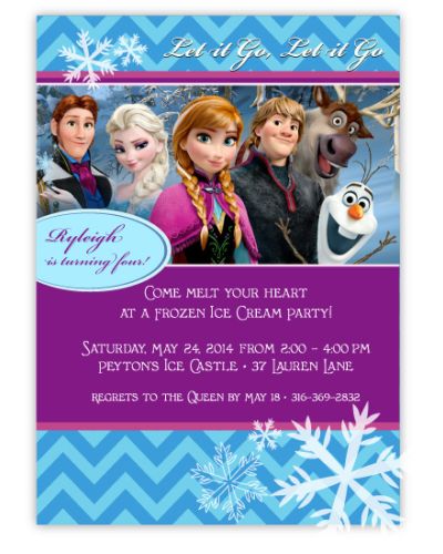 Frozen Ice Princess Characters on Chevron Birthday Party Invitation, 16 count