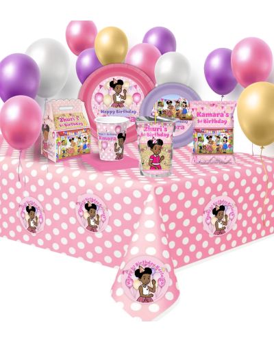 Gracie's Corner Custom Made Party Pack Bundle, DELUXE Party Pack! Supplies for 12 guests. Plates, cups, favor boxes, pouches for chips, stickers for juice pouches, napkins, balloons, and a table cover.