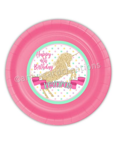 Golden Unicorn Personalized Party Plates, 9 inch, 12 count