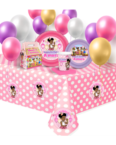 Gracie’s Corner Basic Birthday Party Package, 12 Guests, Pink & Gold, party plates, cups, favor boxes, table cover, balloons, napkins for your Gracie's Corner Party