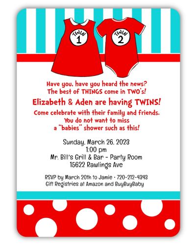 Twin 1 Twin 2 Seuss Style Baby Shower Invitation 