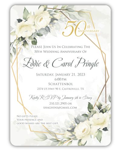 White Roses, Classic Elegant Wedding Shower, Engagement Party, Anniversary Gold Geometric Invitation
