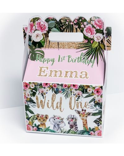 Wild One Floral Jungle Animals Birthday Party Favor Gable Box