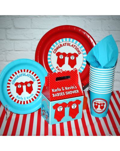 Just the Basics Personalized Party Pack for 12  Twin 1 Twin 2 Dr. Seuss Onesies Twins Baby Shower Supplies