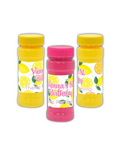 Lemon Citrus Italian Mediterranean Style Personalized Bubbles Party Favors, pink & yellow girl party theme