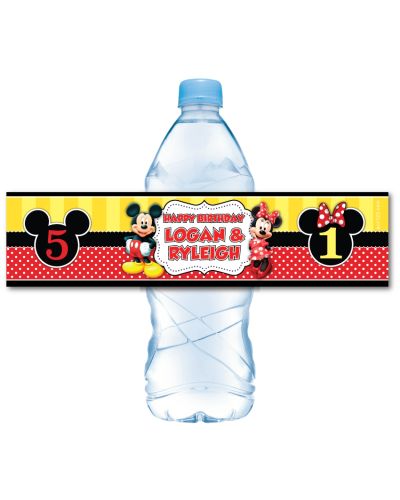 Mickey & Minnie Mouse Birthday Party Adhesive Water Bottle Labels