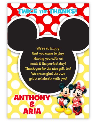Mickey & Minnie Mouse Twins Pre-Printed Thank You Note Card