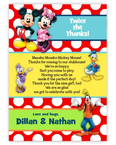 Mickey Mouse & Friends Twins Pre-Printed Thank You Note Card