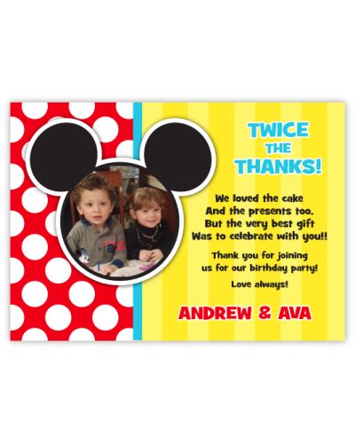 Mickey Mouse Stripe Twin Boys Pre-Printed Photo Thank You Note Card