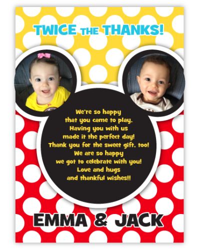Mickey Mouse Twin Boys Pre-Printed Photo Thank You Note Card