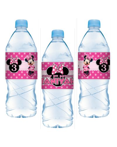 Minnie Mouse part, water labels, water bottle stickers, food tags, drink labels, party labels, Adhesive Water Bottle Labels, personalized water label