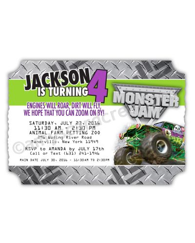 Monster Jam Grave Digger Ticket Birthday Invitation