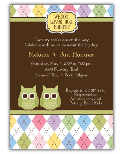 Night Owl Argyle Girl Boy or Gender Neutral Twins Baby Shower Invitation