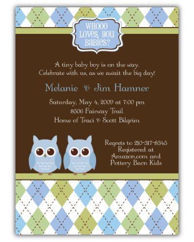 Night Owl Argyle Twin Boys Baby Shower Invitation