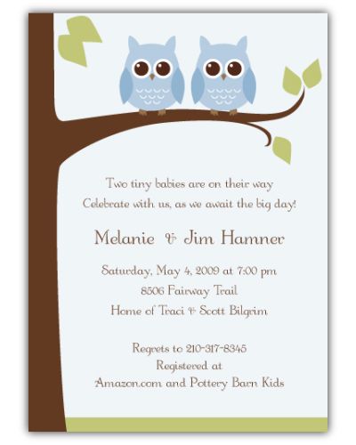 Owls on a Limb Twin Boys Baby Shower Invitation