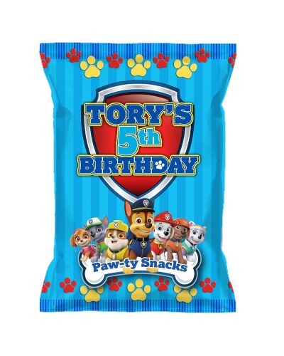 Paw Patrol theme, custom printed and personalized for your child's birthday paw-ty. Holds your bag of chips or snacks (buy 1 ounce bags to fit properly) Decorate your party table with these them snack bags