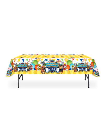 Paw Patrol Birthday Party Custom Table Cover. Keep your party tables clean and festive with a heavy duty, personalized table cover fully printed to match your theme. Heavy 8oz vinyl can be wiped and reused time and time again...not just at your party. Enj