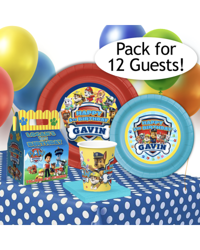 Paw Patrol Birthday Basics Personalized Party Package for 12 guests. Custom favor goody boxes, paper plates, warm/cold cups, napkins, balloons, table cover all included in this grab-n-go party supplies bundle.