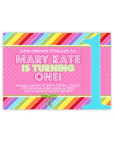 Rainbow Stripe Girls First Birthday Invitation