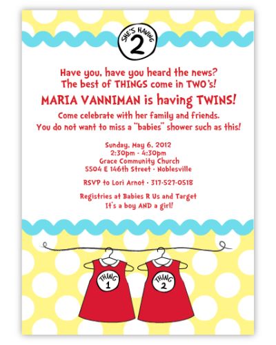 Seuss Spots Thing 1 & Thing 2 Baby Dresses Twins Baby Shower Invitation