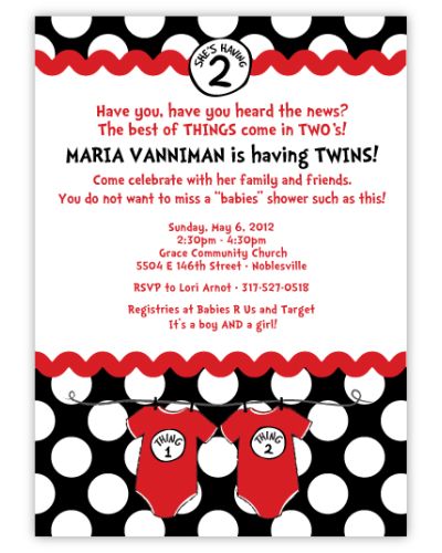 Seuss Spots Thing 1 & Thing 2 on Black Twins Baby Shower Invitation