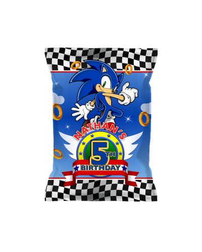 Sonic Birthday Party Personalized Chip Bags Pouches, 12 count, highlight your Sonic party theme with food labels, decorations and personalized food packages