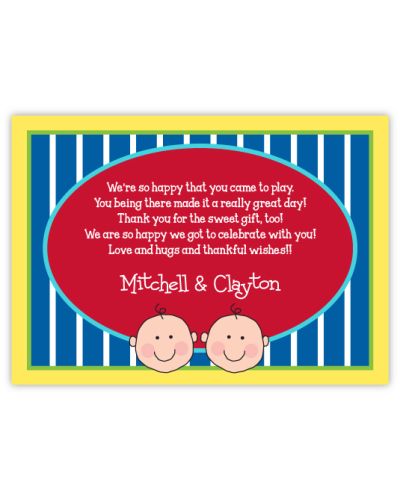 Baby Faces on Stripes Twin Boys Thank You Note Card