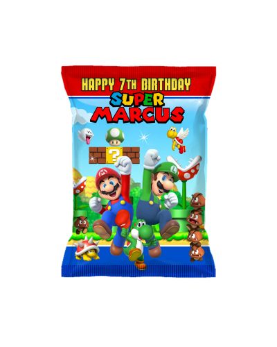 Elevate your Super Mario Bros birthday with custom-printed chips bags! Personalized party decorations include banners, favors, and more for a pixel-perfect celebration.