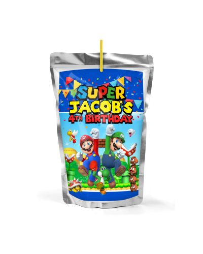 Super Mario Birthday Party Juice Pouch Personalized Labels, 12 count, Mario, Luigi, Yoshi party decoration food labels