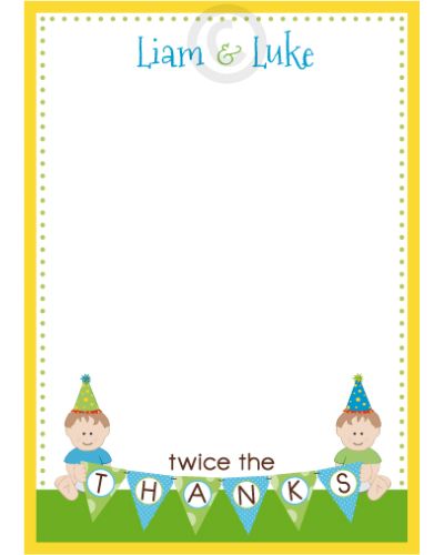 Sweet Babies First Birthday Twin Boys Thank You Note Card
