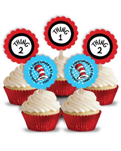 Thing 1 Thing 2 Cupcakes Birthday Party, Personalized Cupcake Pick Toppers, 12 count