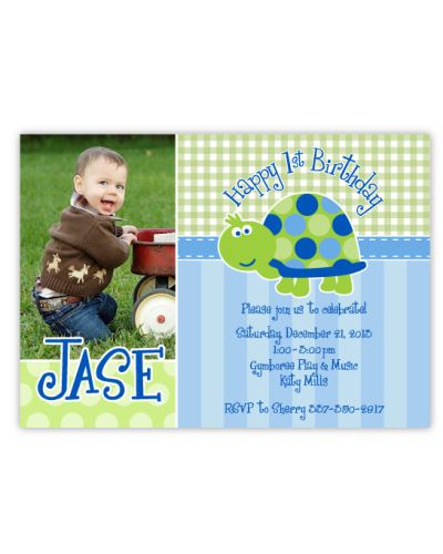 Turtle First Birthday Personalized Photo Invitations